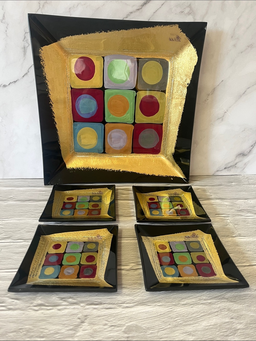 MoMo Panache Abstract Colorful Geometric Inlay Square Glass Plates